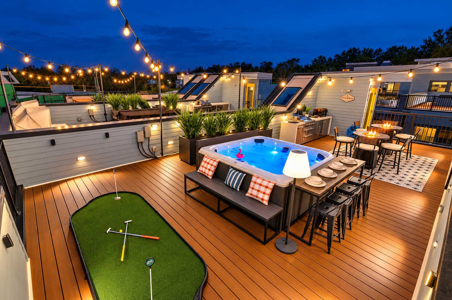 Eine Dachterrasse mit Whirlpool, Sitzgelegenheiten und einem kleinen Putting Green.