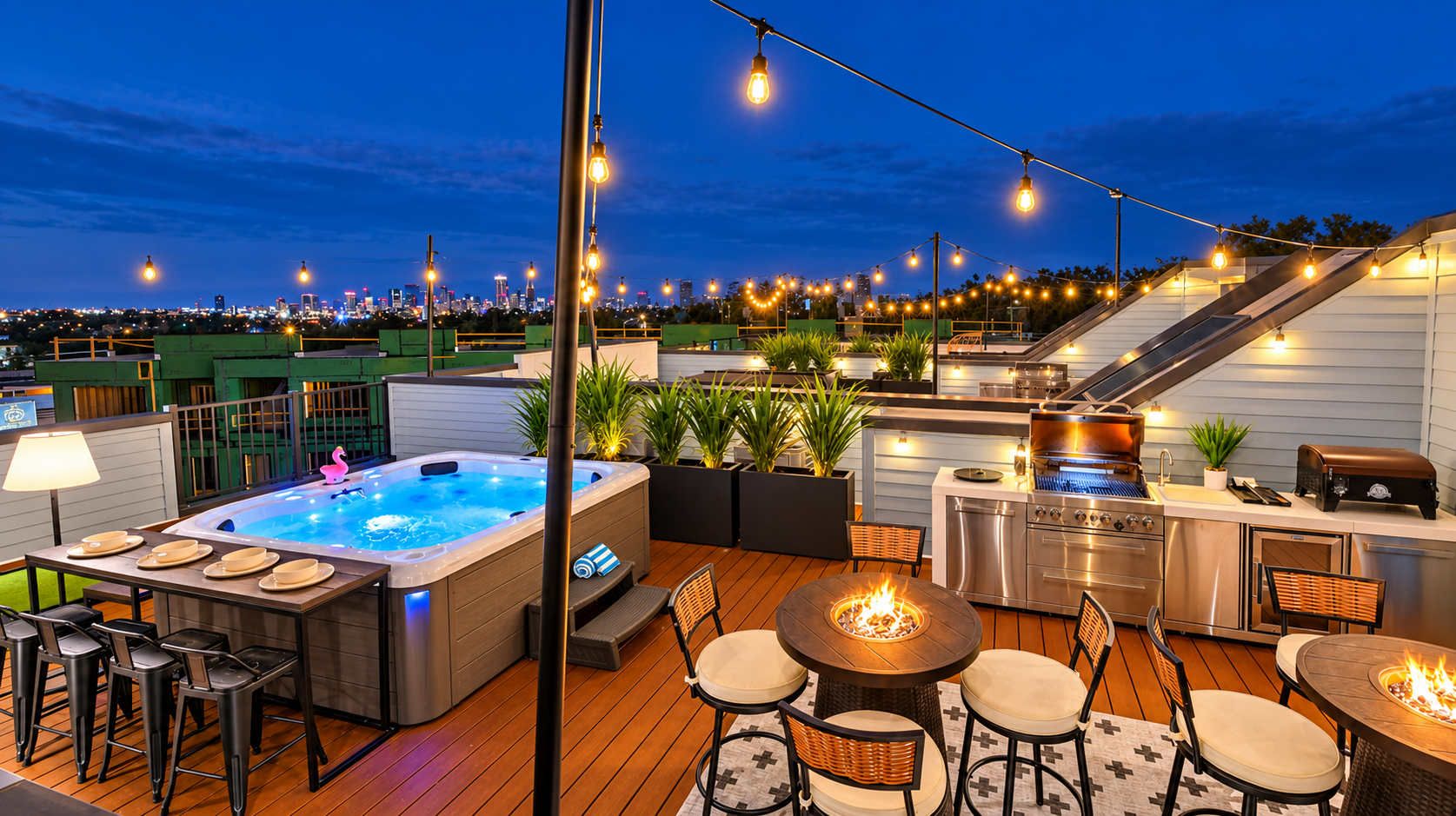 An outdoor patio with a hot tub, bar area, and seating.
