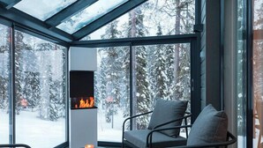 A cozy room with a glass ceiling, a fireplace, and a view of a snowy forest. - Parkside Pyhä (Pelkosenniemi)