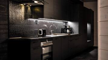 Desk, laptop workspace, blackout drapes, soundproofing