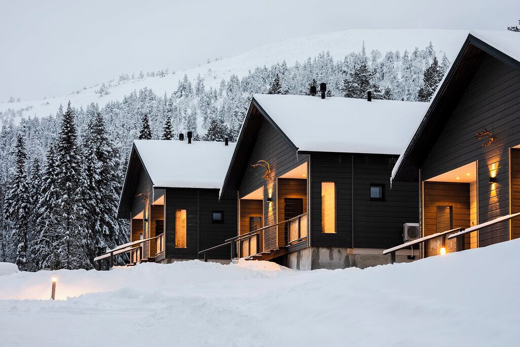A modern cabin with a dark exterior, multiple entry points, and a snow-covered landscape.