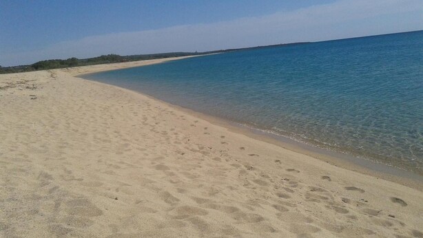 En sandstrand med klart vand og en fjerntliggende kystlinje.