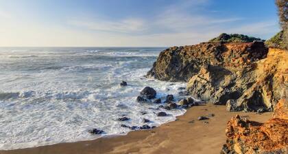 Dog-friendly ocean-view cabin with fireplace, kitchenette, deck, & beach access