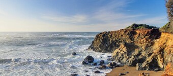 Dog-friendly ocean-view cabin with fireplace, kitchenette, deck, & beach access