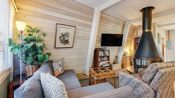 Televisión, chimenea, reproductor de DVD y estéreo