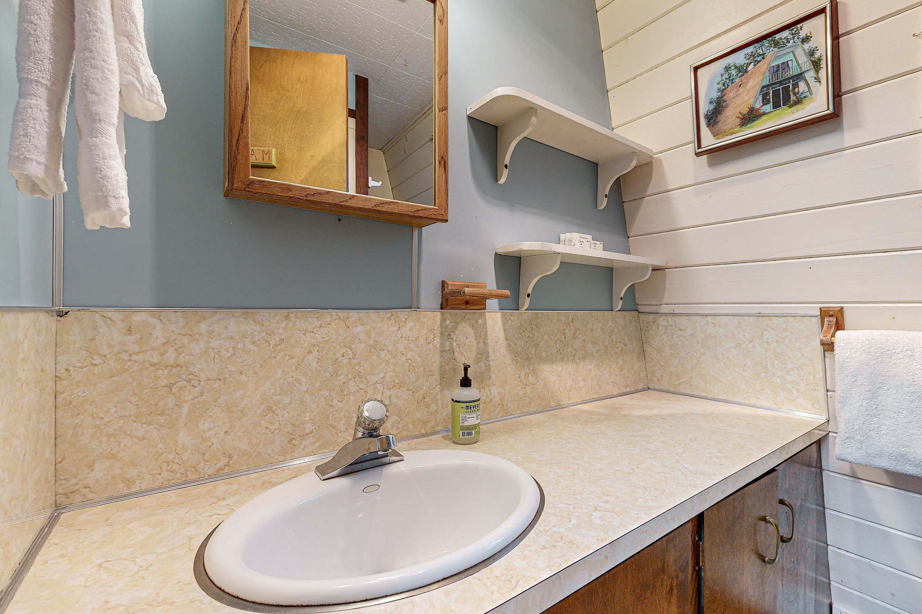 A bathroom with a white sink, a mirror, and a framed picture on the wall.