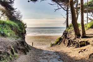 Ein Strandweg, der zum Meer führt, umgeben von Bäumen und Pflanzen.