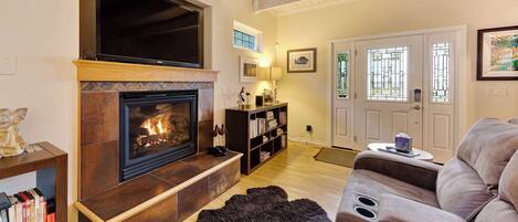 Televisión, chimenea, videojuegos, reproductor de DVD