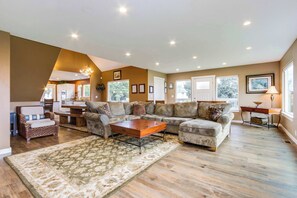 TV, fireplace, DVD player, foosball