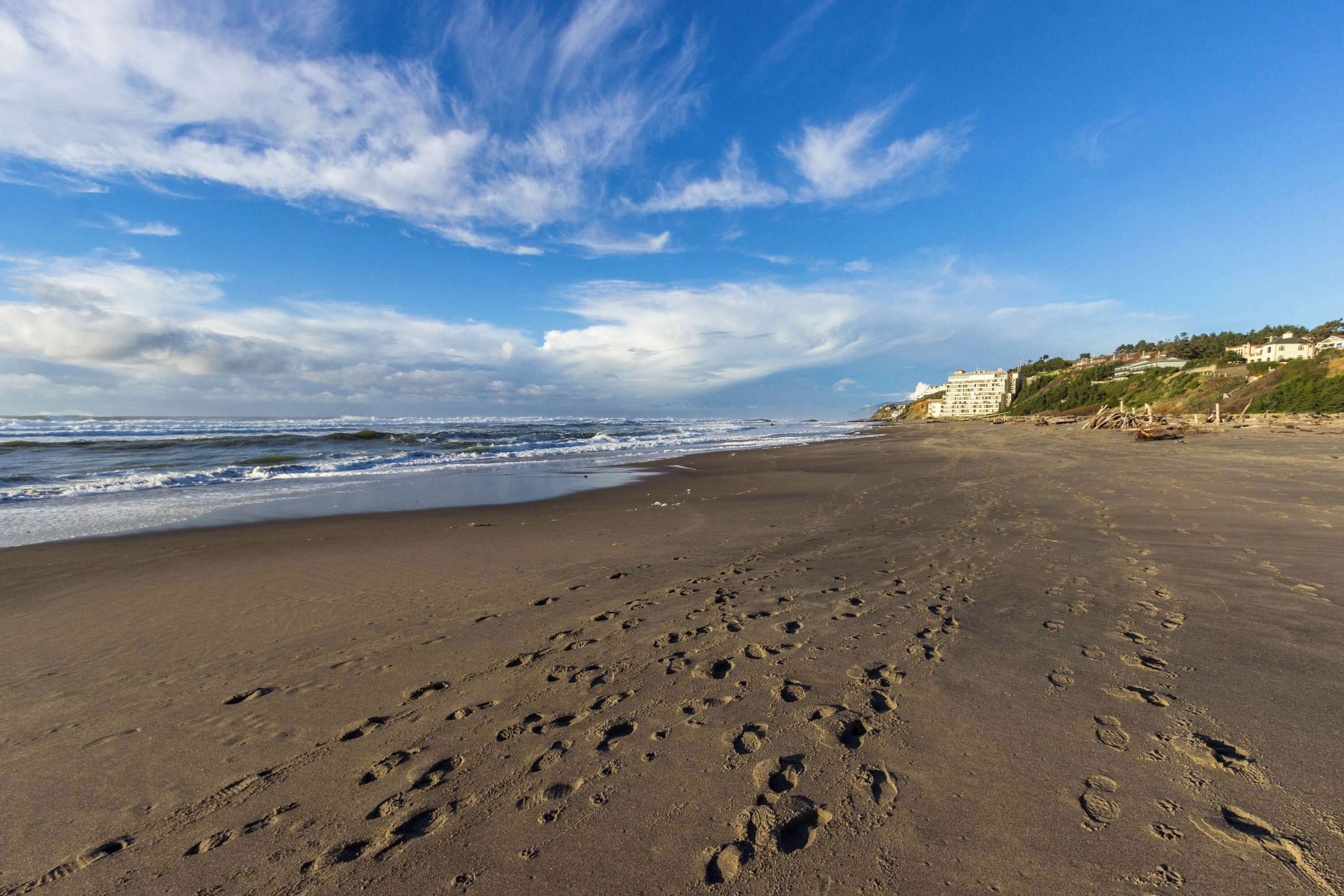 A sandy beach with footprints leading to the water, a clear sky, and buildings in the background.