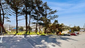 Un parking avec plusieurs voitures, des arbres et un petit bâtiment.