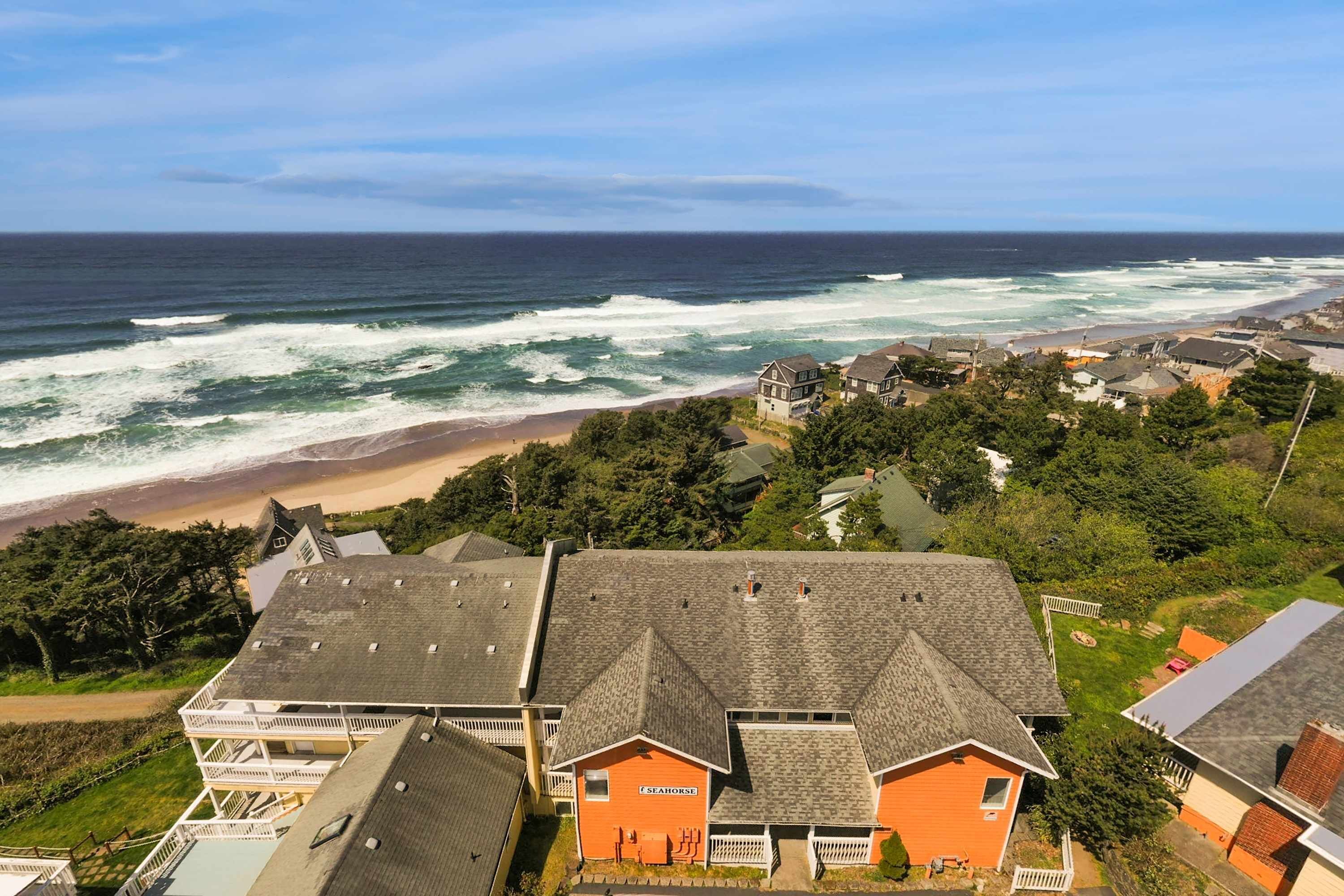 A coastal residential area with houses, a beach, and the ocean.