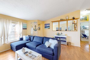 TV, fireplace, DVD player, table football - Lighthouse Inspired Home with Ocean Views Gas Fireplace Fast WiFi 2 Dogs OK (Lincoln City)