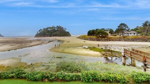 A coastal landscape with a sandy beach, a wooden bridge, and a small house with a garden. - Oceanfront 2nd floor condo with ocean views balcony and seasonal beach access (Neskowin)