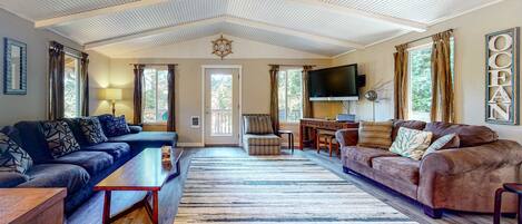 TV, peis, DVD-spiller og stereoanlegg