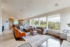 TV, fireplace, table football, offices - Ocean view home with heated floors private hot tub and multiple decks (Pacific City)