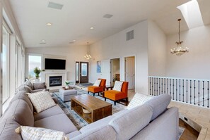 TV, fireplace, table football, offices - Ocean view home with heated floors private hot tub and multiple decks (Pacific City)