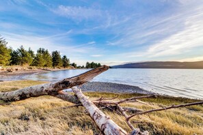 A natural landscape with a fallen tree, a river, and a forested area. - Bayview home with a deck overlooking the locally famous Ghost Hole fishing spot (Bay City)