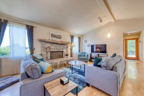 Una televisión, una chimenea