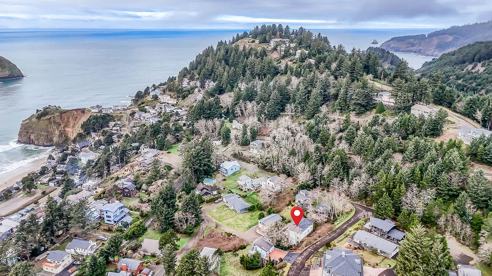 An aerial view of a residential area with houses, a red marker, and a coastline.
