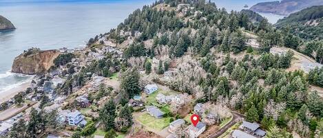 An aerial view of a residential area with houses, a red marker, and a coastline.