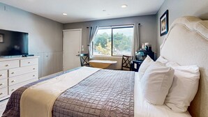 Une chambre à coucher comprenant un lit, une commode, un téléviseur, une fenêtre avec des rideaux et un bureau avec une chaise.