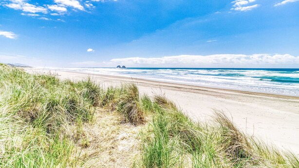 Uma praia com dunas de areia e ondas do oceano.