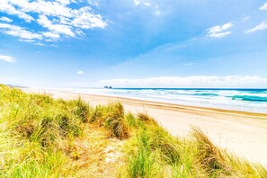 Ein Strand mit Sand, Gras und dem Meer.