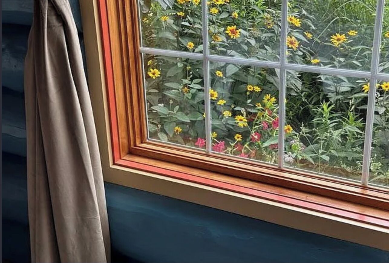 A window with a view of yellow flowers and green foliage.