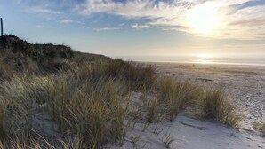 A beach with sand dunes and a clear sky. - Ocean side home steps from sand dog friendly (Rockaway Beach)
