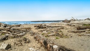 A beach with driftwood and sand. - Dog friendly home across street from beach with rooftop deck and views (Rockaway Beach)