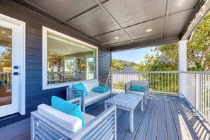 Terrace/patio - Newly built home with lake view and game room steps to downtown walk to beach (Rockaway Beach)