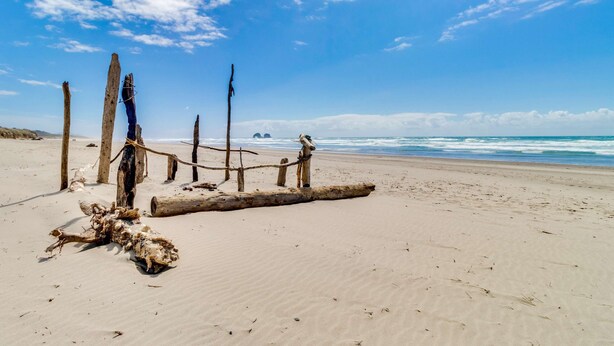 Een zandstrand met houten palen en een touwhal.'