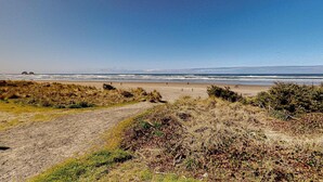 A beach with a clear sky, sandy shore, and some vegetation.