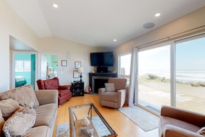 TV, fireplace, DVD player, stereo - Beachfront home with ocean facing deck and ocean views throughout modern kitchen (Rockaway Beach)