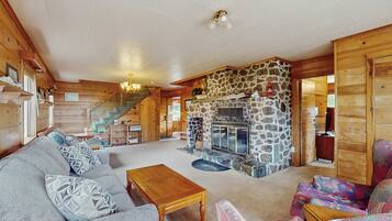 Télévision, cheminée, lecteur de DVD, espaces bureaux