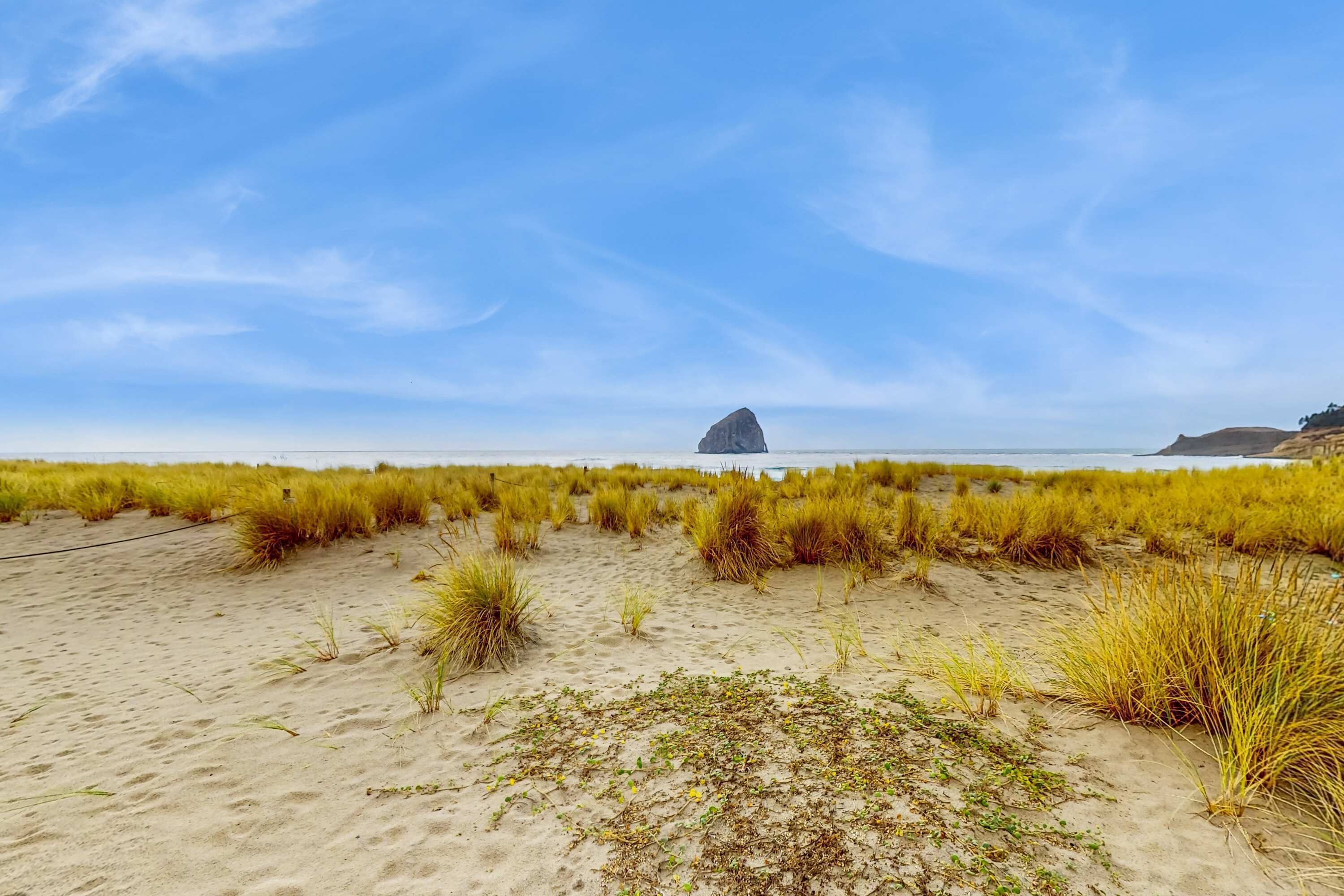 Une plage de sable, avec de l’herbe et, au loin, une formation rocheuse.