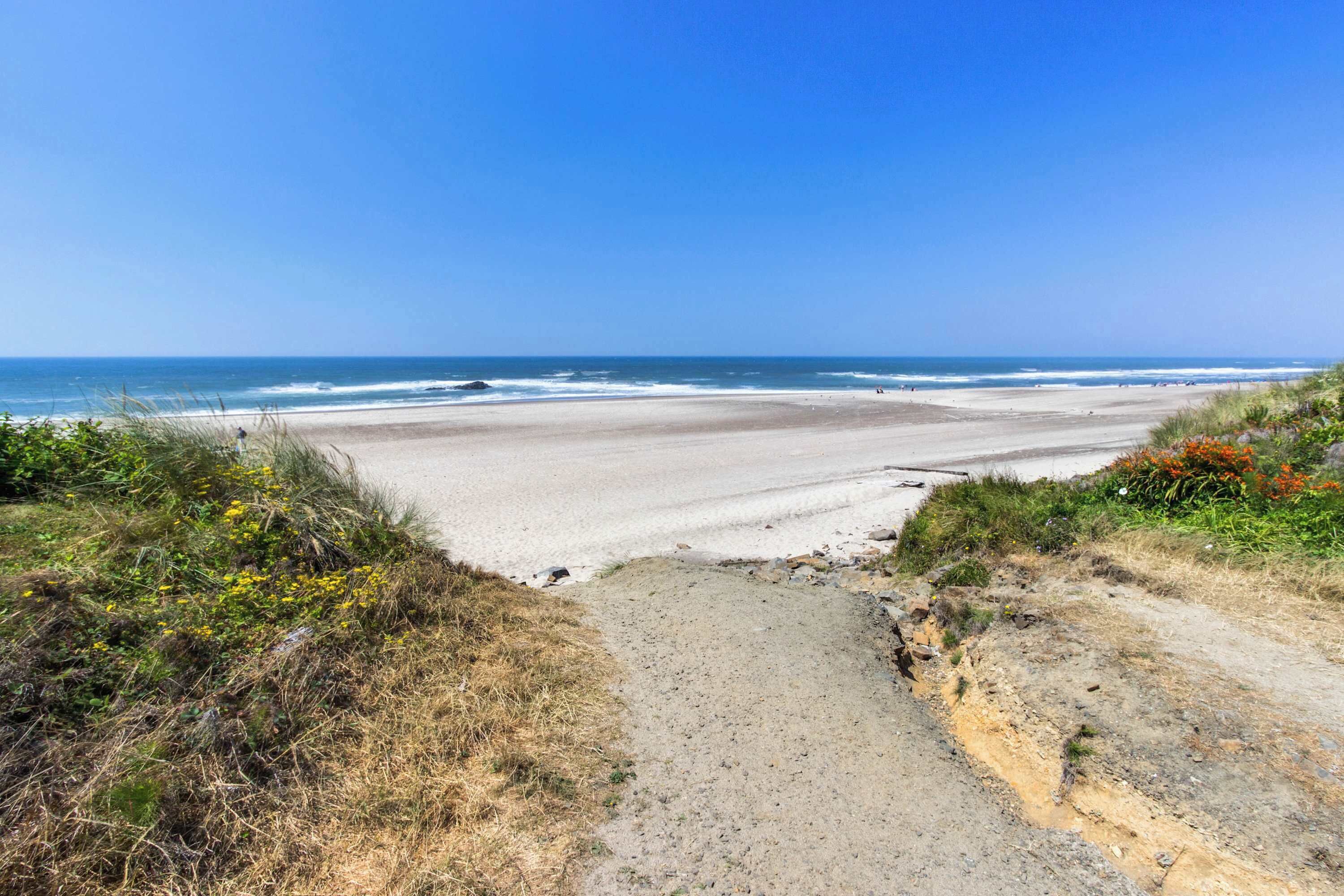 A coastal path leading to a beach with clear skies.