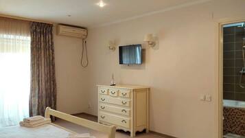 Un dormitorio con cama, cómoda, televisor y zona de ducha.