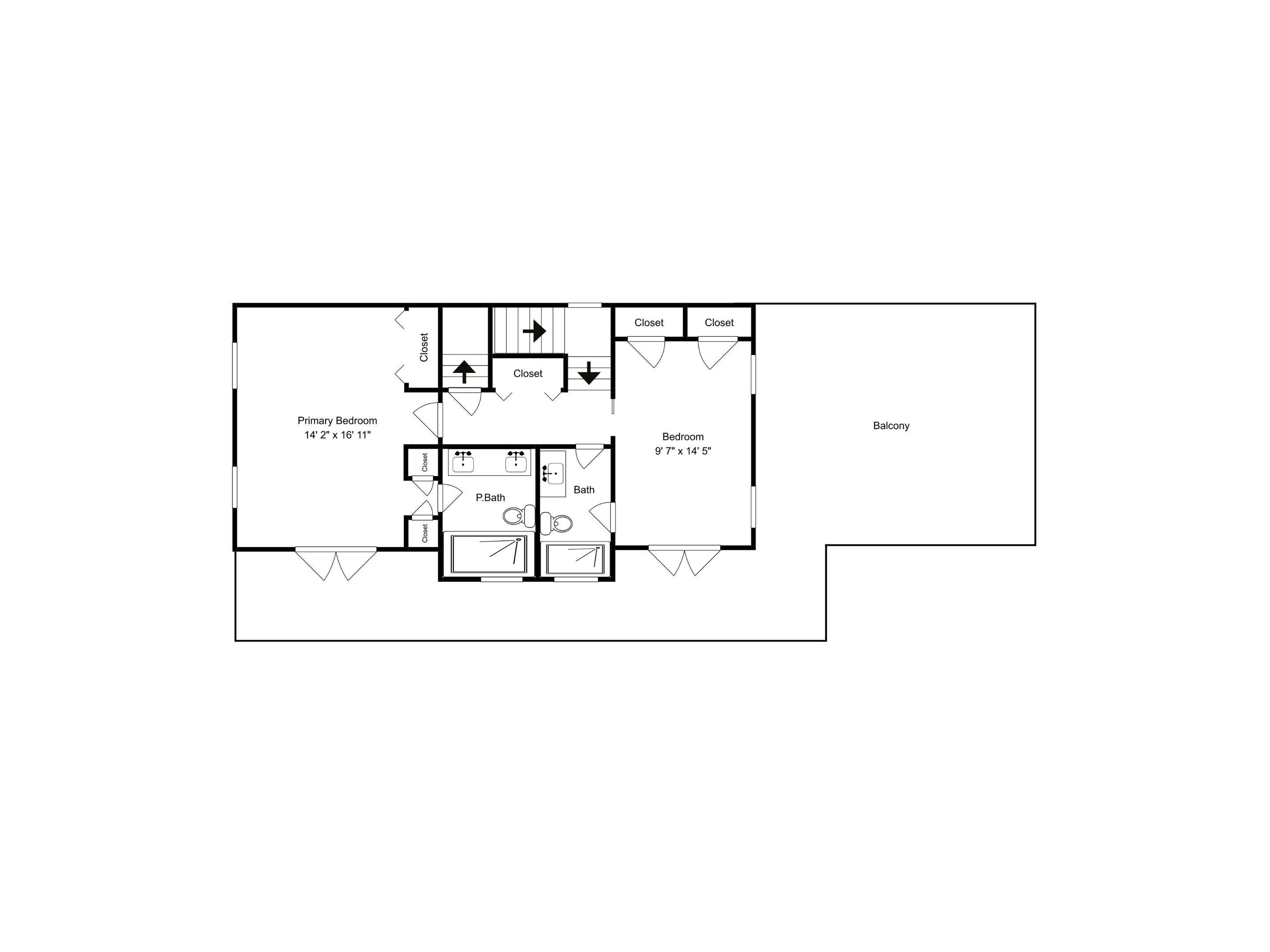 Un plan d’étage comprenant une chambre principale, une salle de bain, une chambre et un balcon.