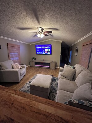 Smart TV, chimenea y libros 