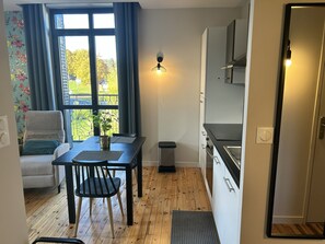 Superior Apartment, City View | Private kitchen | Full-size fridge, microwave, oven, stovetop - RESIDENCE PLAISANCE (Châtel-Guyon)