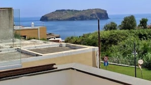 A balcony with a view of a coastal landscape, including a small island and the sea. - Hotel Lo Smeraldo - Oasi degli Ulivi (Ventotene)