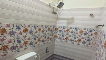 Combined shower/tub, hair dryer, towels, soap