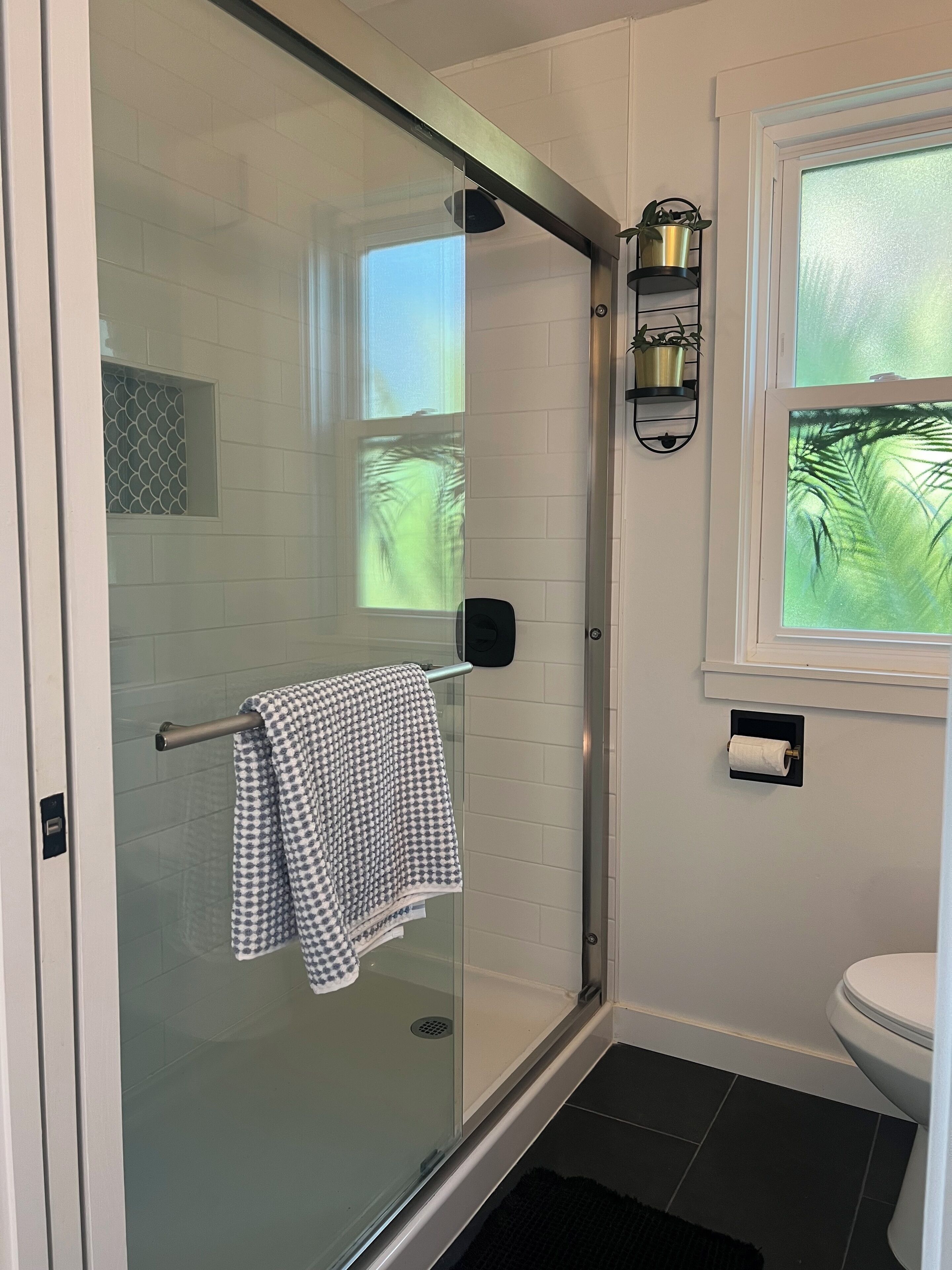 Shower, hair dryer, towels, soap