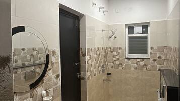 Hair dryer, bidet, towels, soap