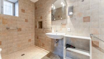 Une salle de bain avec une douche, un lavabo et un miroir.