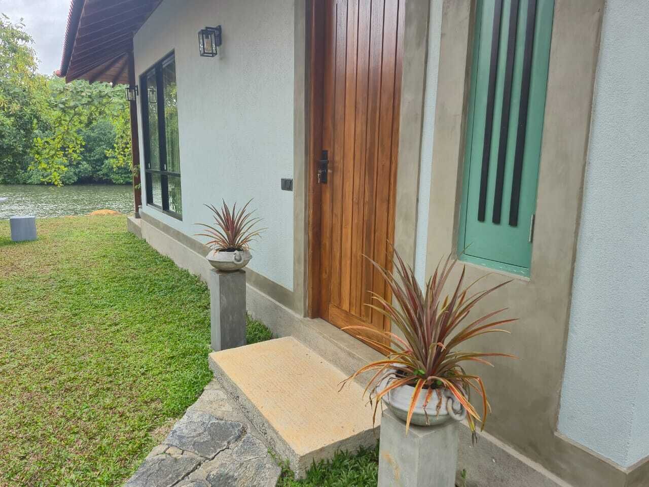 A house with a wooden door, a green window, and a small garden with potted plants.