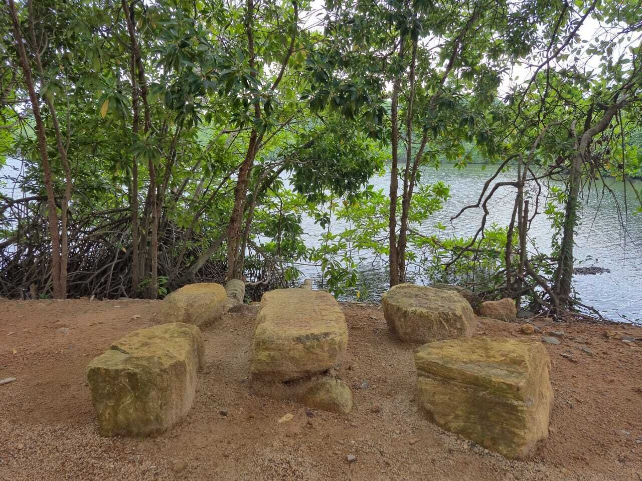 A natural setting with large rocks and trees near a body of water.