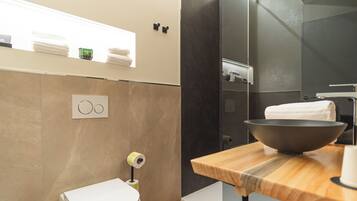 Une salle de bain moderne comprenant des toilettes, un lavabo avec un grand bac et un espace douche.